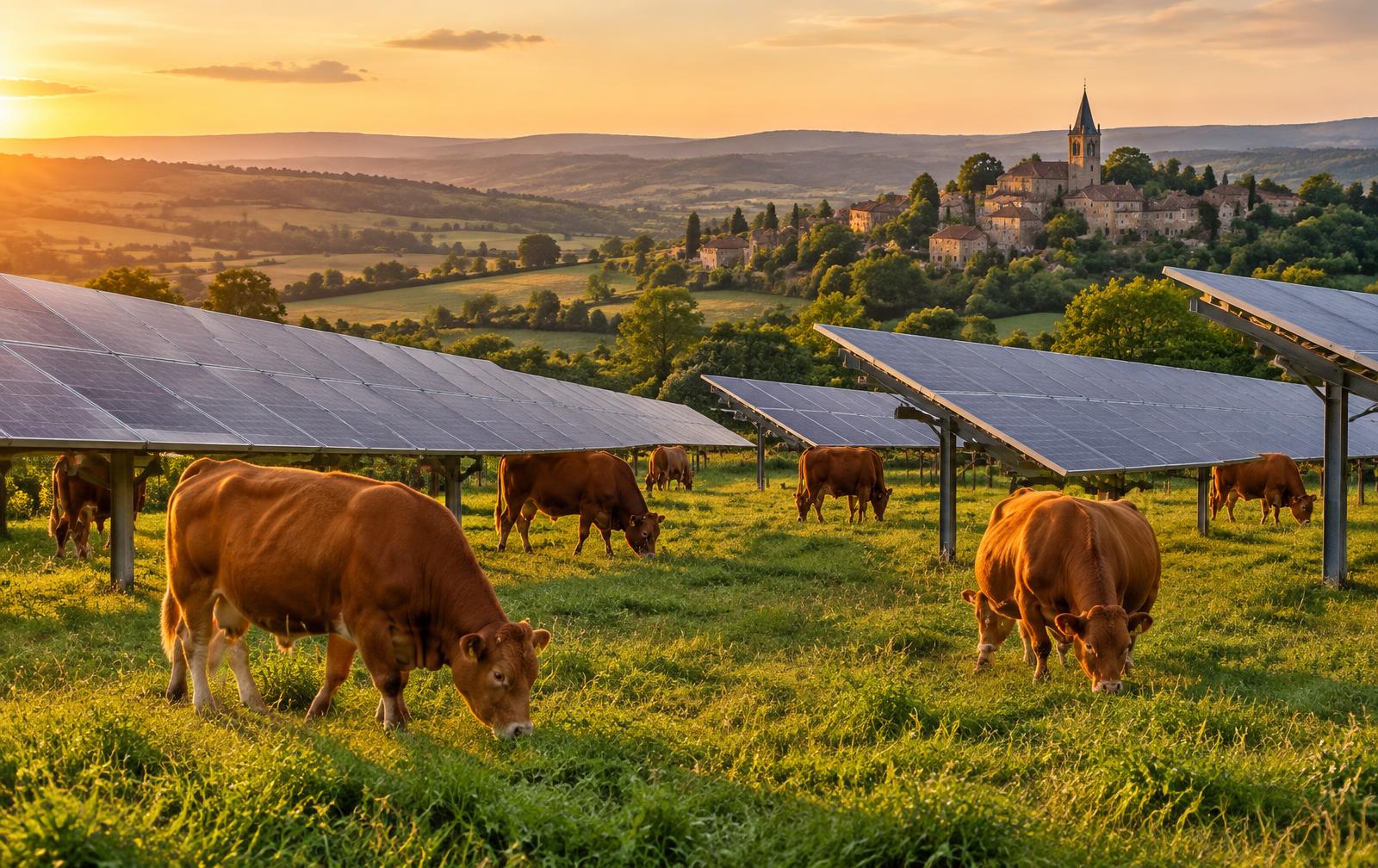 Vaches pâturant sous des panneaux solaires — projet agrivoltaïque de Nuars